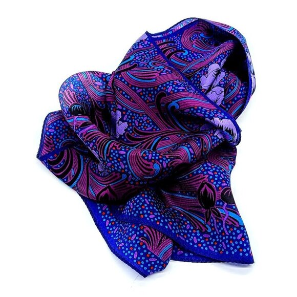Blue Purple Floral Dot Print Oblong Silk Scarf - Picture 1 of 6